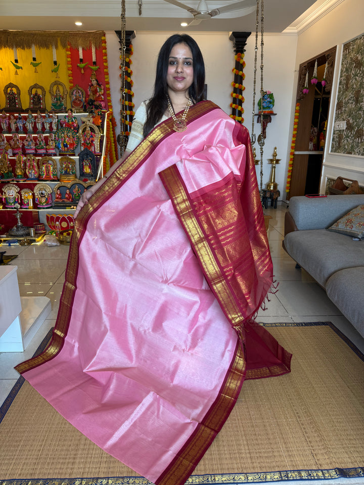 Onion Pink with Araku Traditional Borders and Rich Pallu , Korvai Silk Cotton Saree