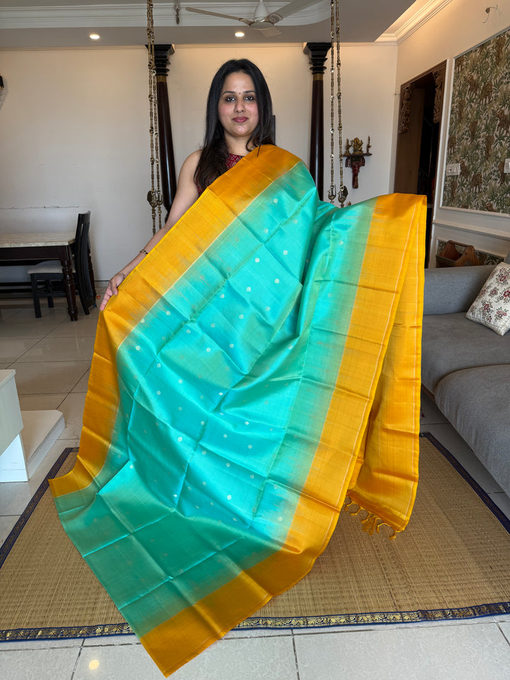 Light Rexona Green with Fenugreek , Zari Body Butta in the Body, Vairaoosi Lines in teh Borders and Rich Pallu Pure Soft Silk Saree