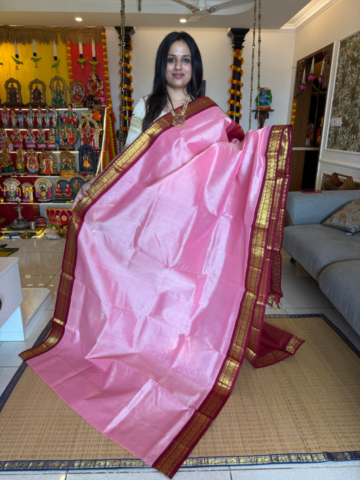 Onion Pink with Araku Traditional Borders and Rich Pallu , Korvai Silk Cotton Saree