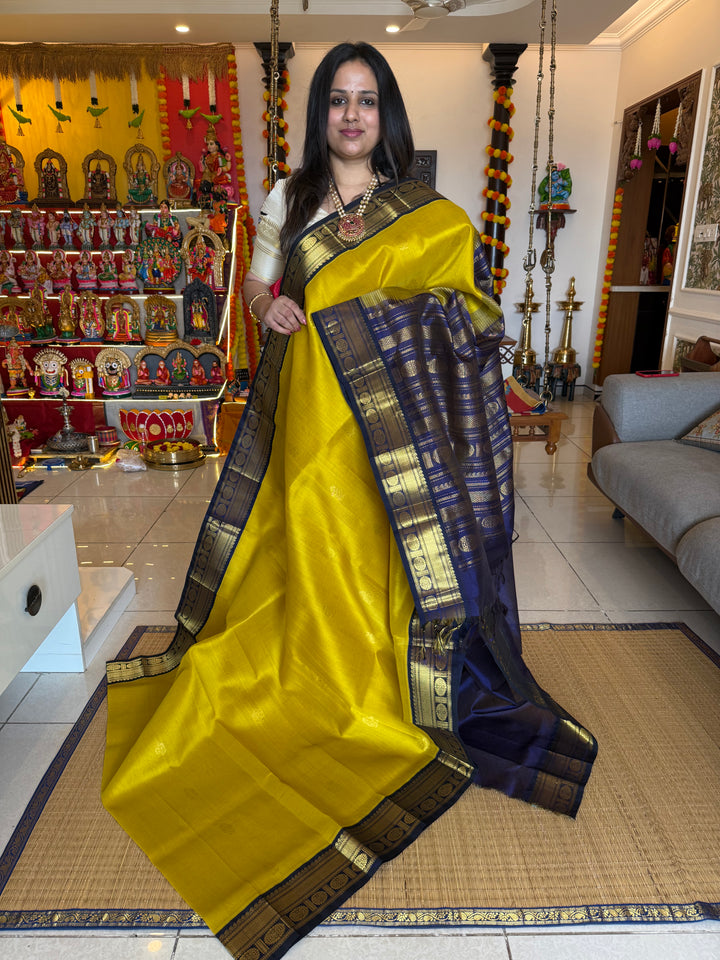 Lemon Yellow with Blue , rich body butta , traditional borders and rich  Pallu Korvai Silk Cotton Saree