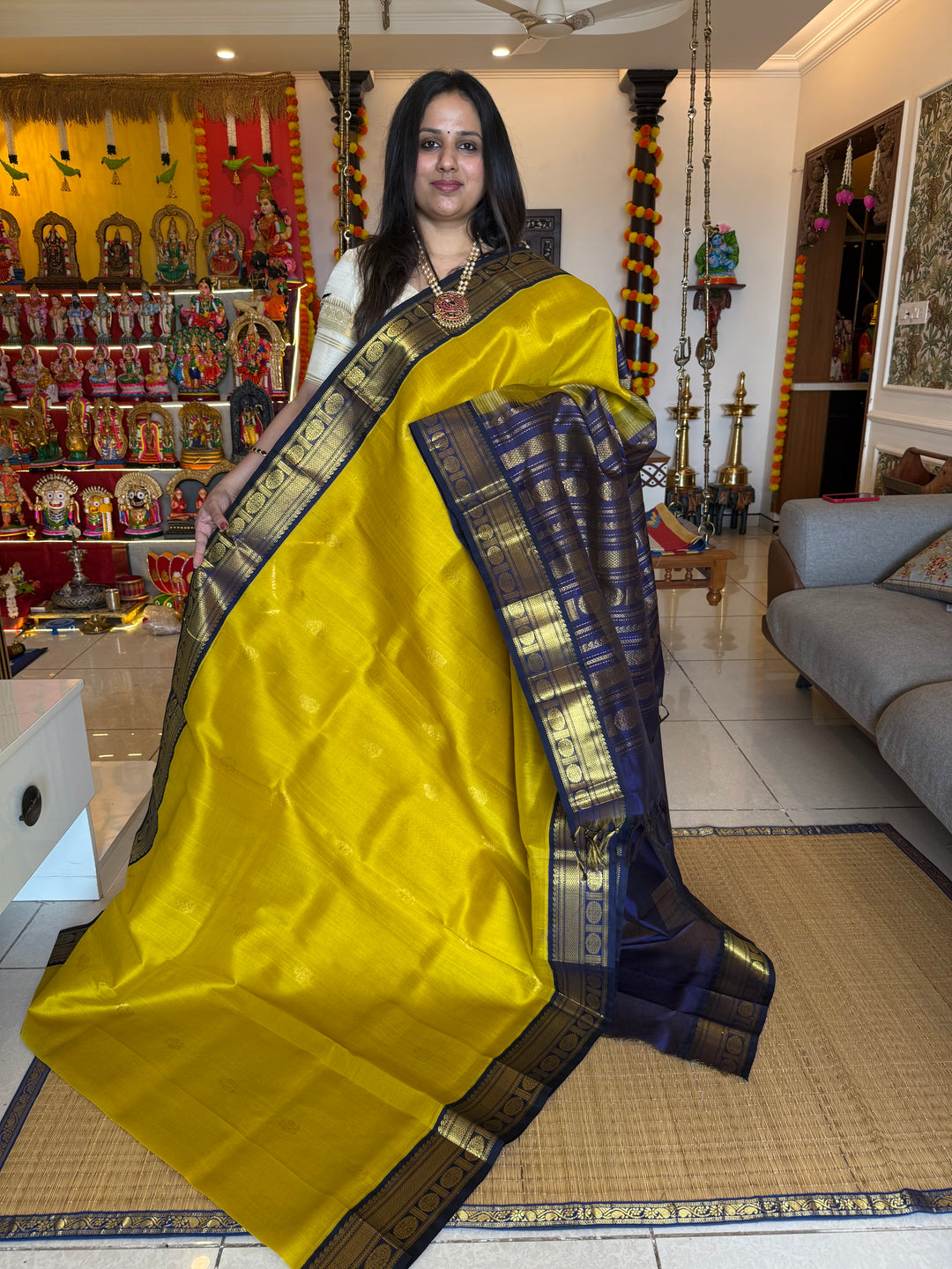 Lemon Yellow with Blue , rich body butta , traditional borders and rich  Pallu Korvai Silk Cotton Saree