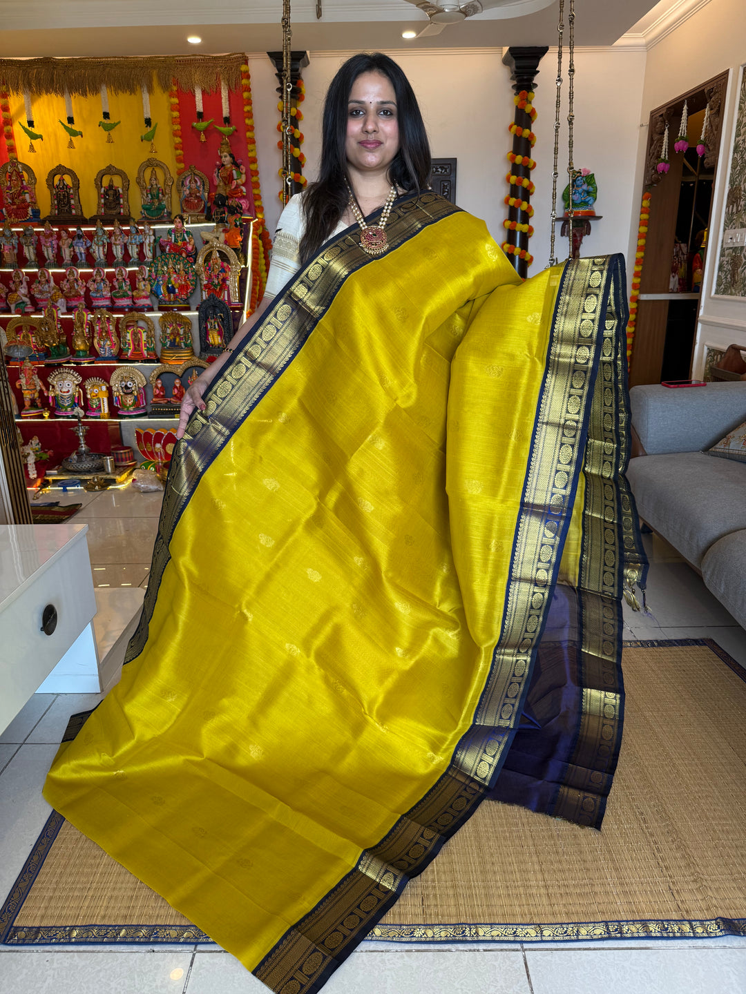 Lemon Yellow with Blue , rich body butta , traditional borders and rich  Pallu Korvai Silk Cotton Saree