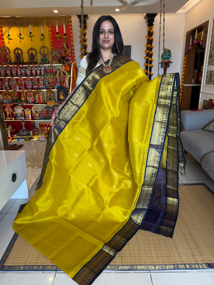Lemon Yellow with Blue , rich body butta , traditional borders and rich  Pallu Korvai Silk Cotton Saree