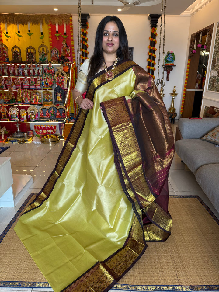 Elaichi Green with Araku  rich Kanchi one side big border and grand Pallu Korvai Silk Cotton Saree