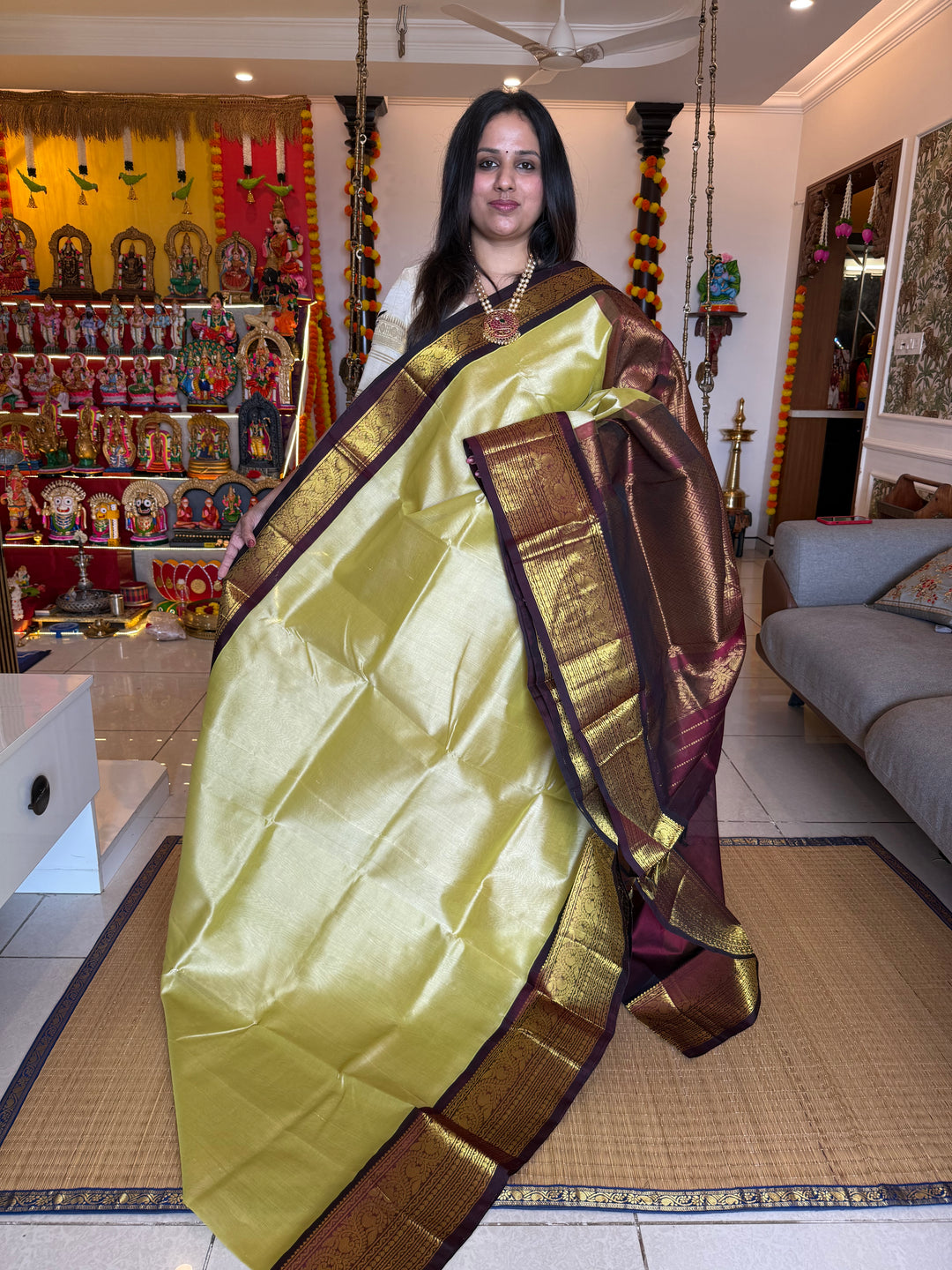 Elaichi Green with Araku  rich Kanchi one side big border and grand Pallu Korvai Silk Cotton Saree