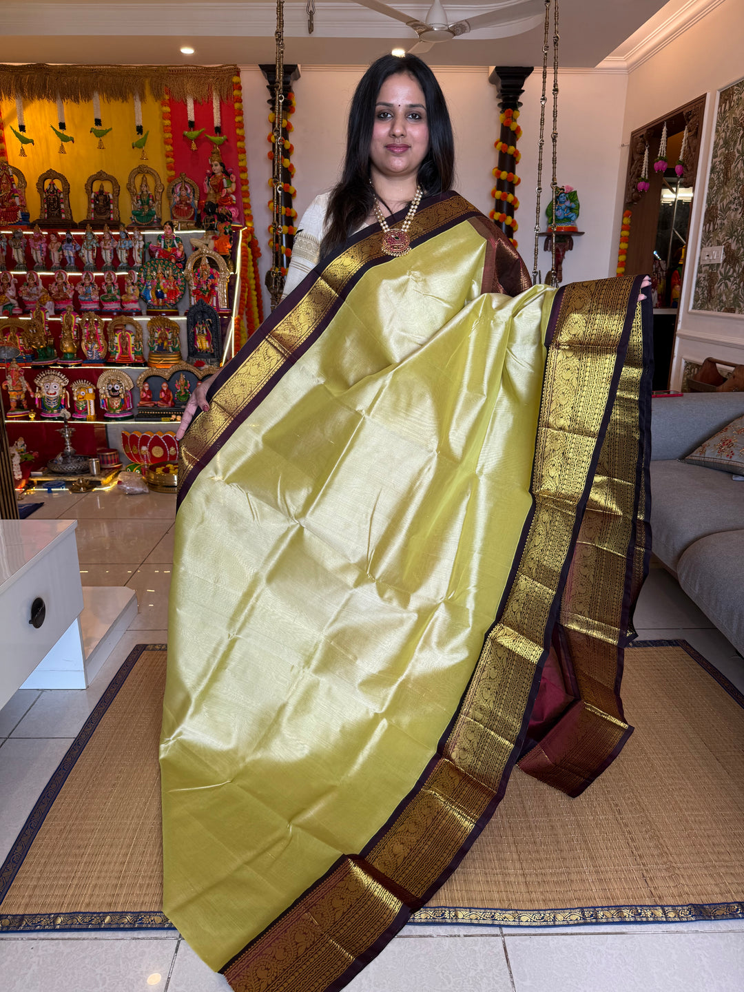 Elaichi Green with Araku  rich Kanchi one side big border and grand Pallu Korvai Silk Cotton Saree