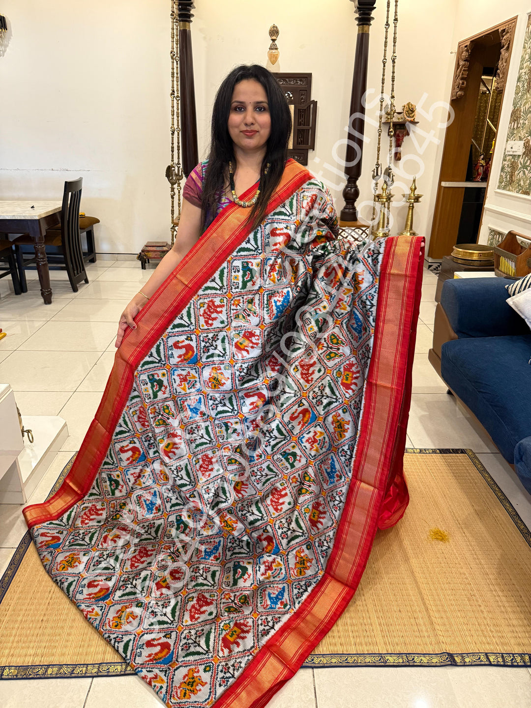 A Classic Steel Grey with Red saree with rich traditional border and Pochampally designs all over body and Grand Palllu , Pochampally Pure Silk Saree