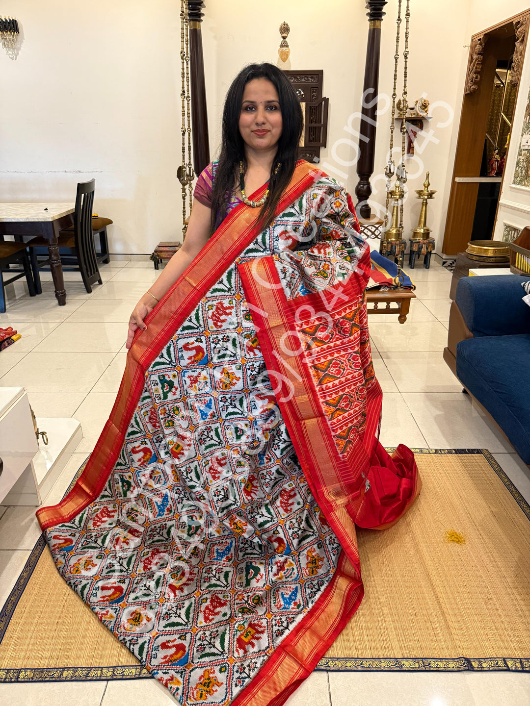 A Classic Steel Grey with Red saree with rich traditional border and Pochampally designs all over body and Grand Palllu , Pochampally Pure Silk Saree
