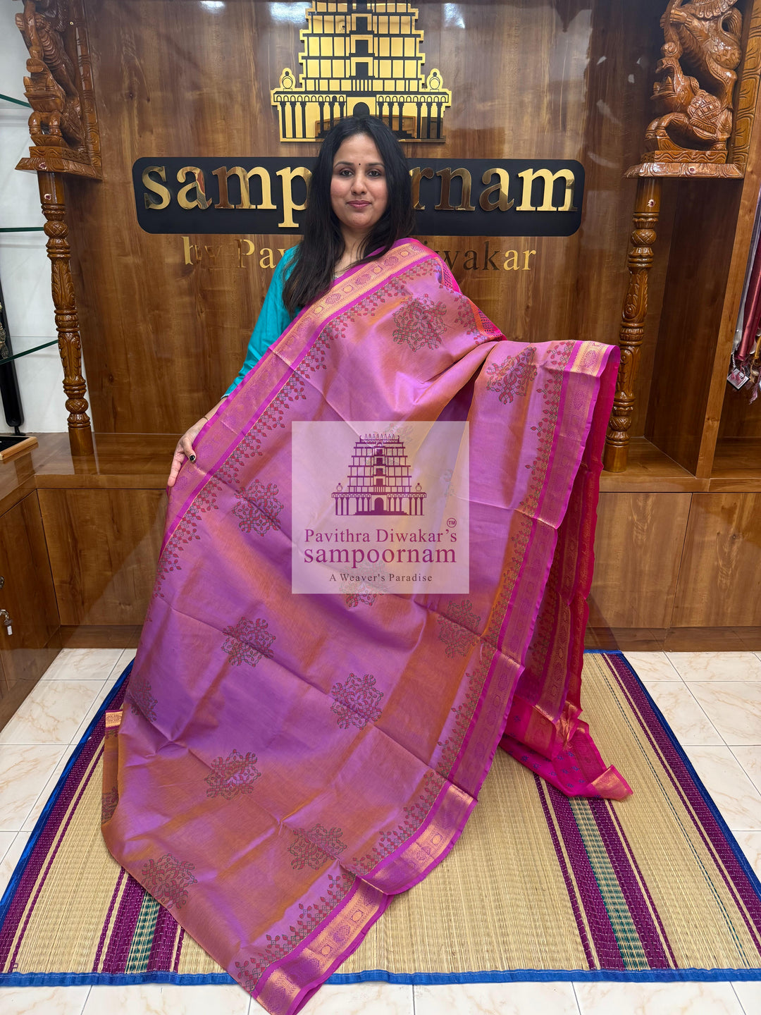Double Shaded Lilac with Pink  , Kolam Handblock printed Sillk Cotton Saree