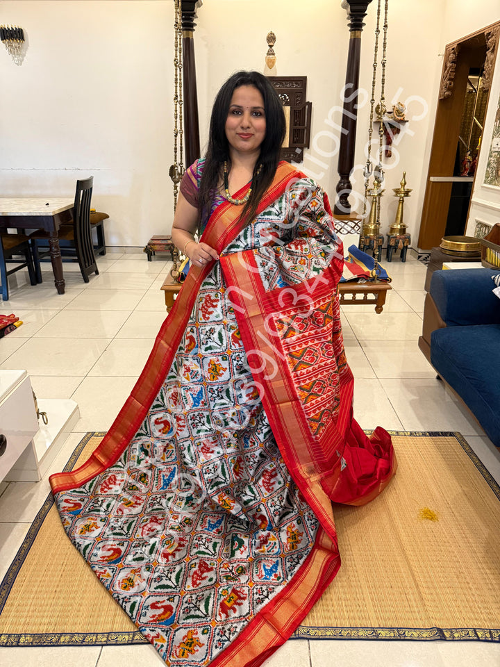 A Classic Steel Grey with Red saree with rich traditional border and Pochampally designs all over body and Grand Palllu , Pochampally Pure Silk Saree