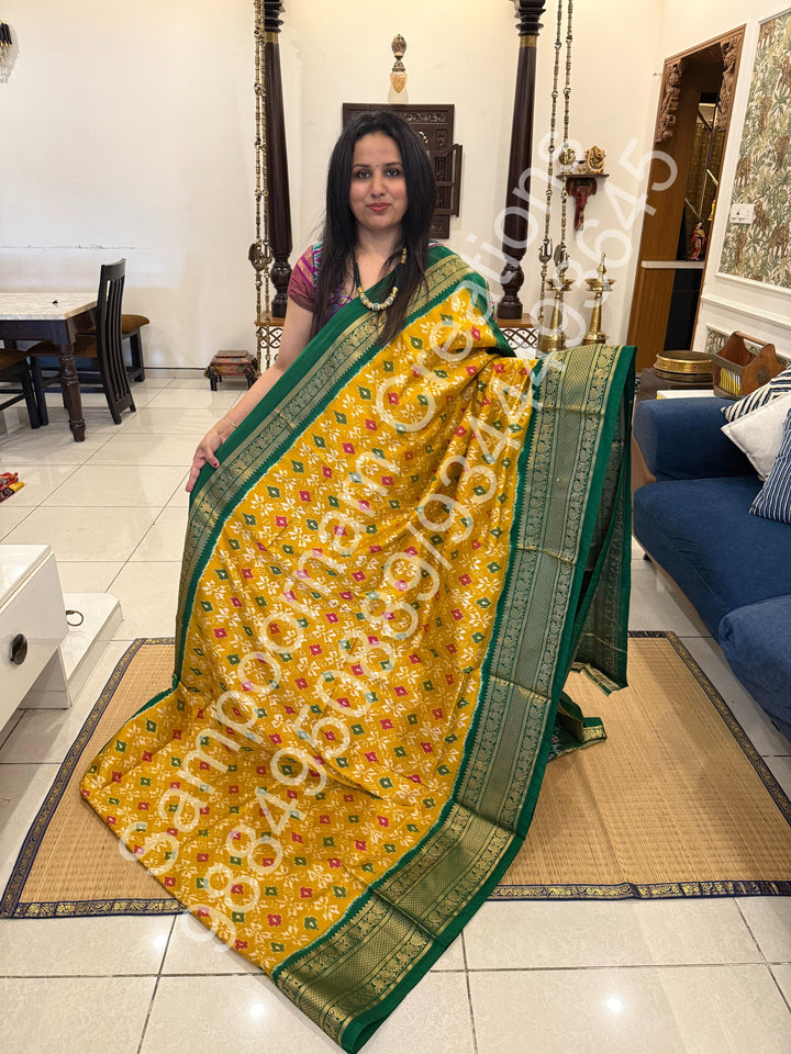 Fenugreek with Green with Blouse design rich kanchi border with Grand Pallu Pochampally Ikkat Silk Saree