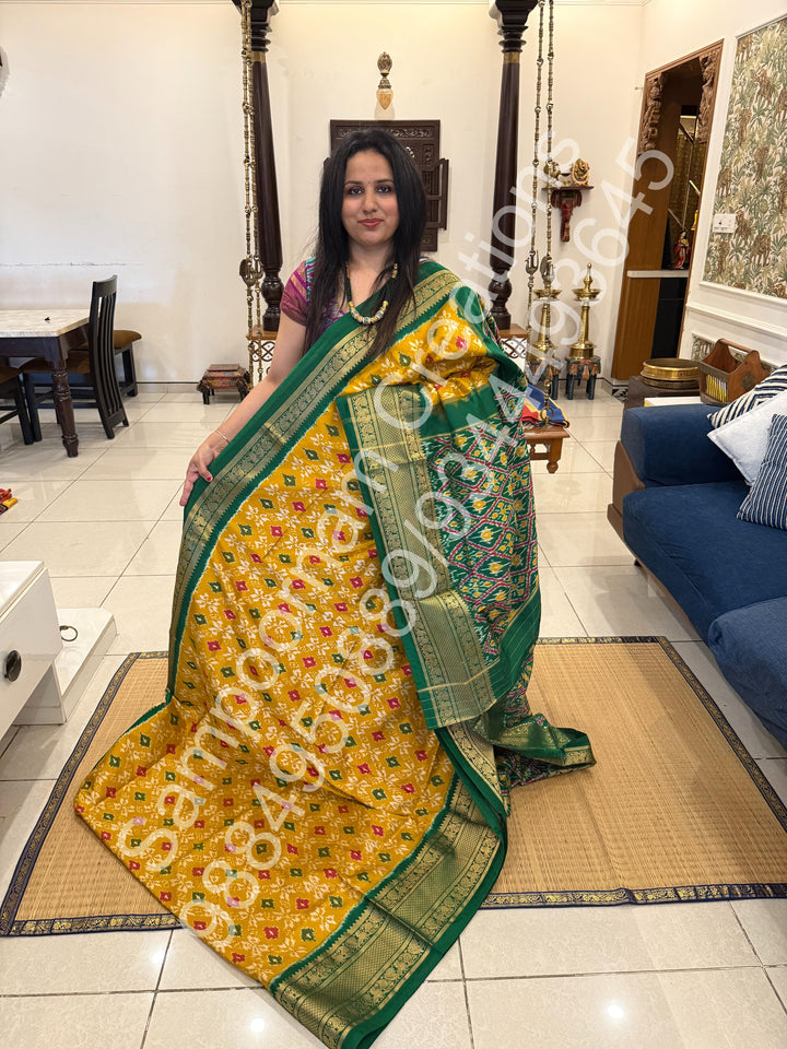 Fenugreek with Green with Blouse design rich kanchi border with Grand Pallu Pochampally Ikkat Silk Saree