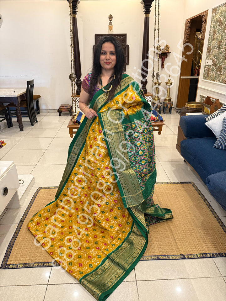 Fenugreek with Green with Blouse design rich kanchi border with Grand Pallu Pochampally Ikkat Silk Saree