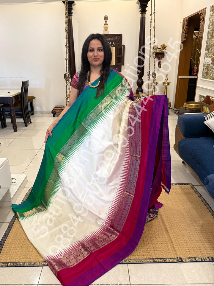 White , Ganga Jamuna Kanchi rich border and Ikkat Pallu with designer Ikkat printed blouse , Pochampally Pure Silk Saree