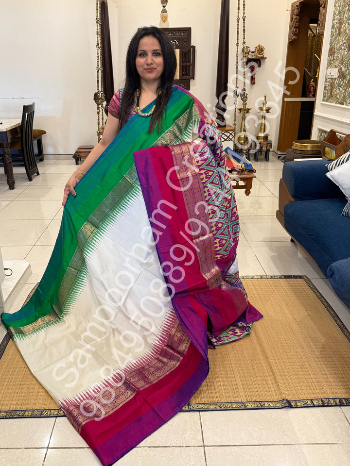 White , Ganga Jamuna Kanchi rich border and Ikkat Pallu with designer Ikkat printed blouse , Pochampally Pure Silk Saree