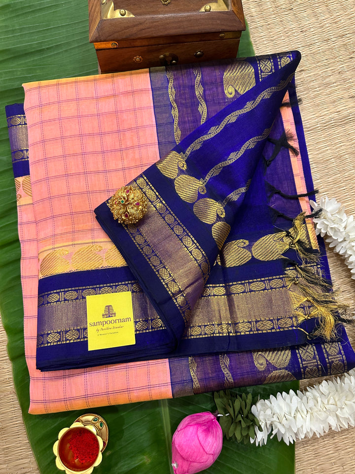 Peachish Pink with Blue Rettapet Border ,Body Checks Korvai Silk Cotton Saree