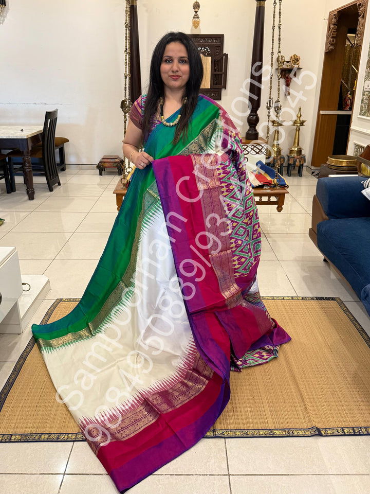 White , Ganga Jamuna Kanchi rich border and Ikkat Pallu with designer Ikkat printed blouse , Pochampally Pure Silk Saree