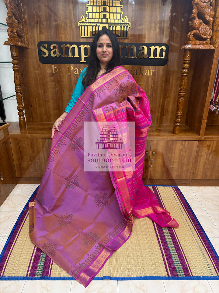 Double Shaded Lilac with Pink  , Kolam Handblock printed Sillk Cotton Saree