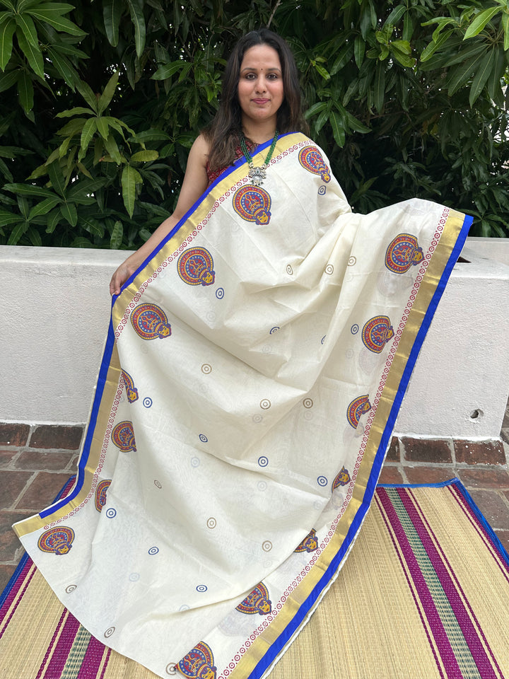 Handblock Printed Kerala Cotton Saree with Kathakali Motif and Blue Piping in Borders