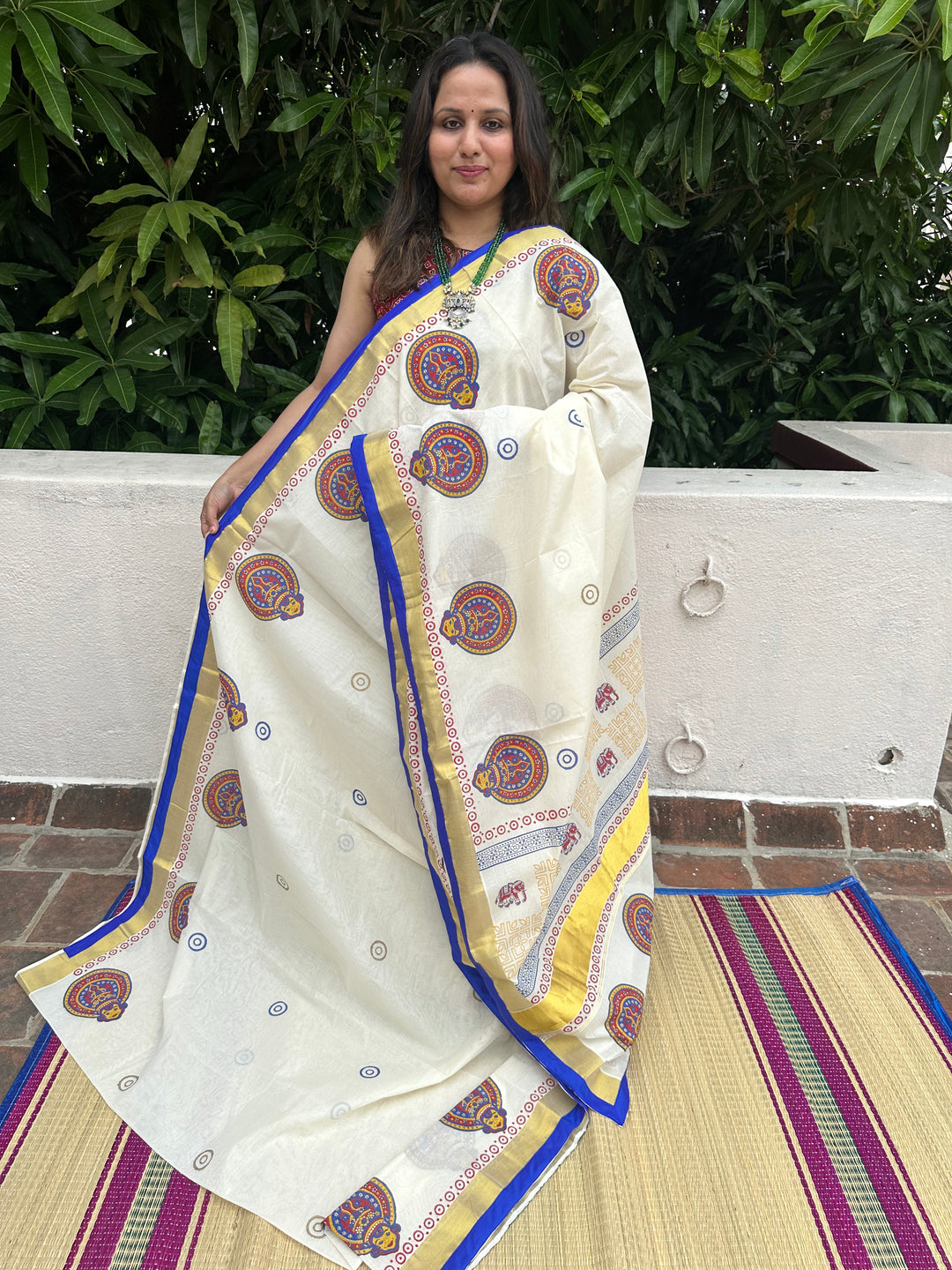 Handblock Printed Kerala Cotton Saree with Kathakali Motif and Blue Piping in Borders