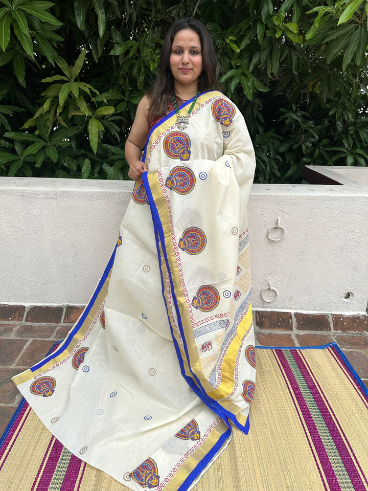 Handblock Printed Kerala Cotton Saree with Kathakali Motif and Blue Piping in Borders