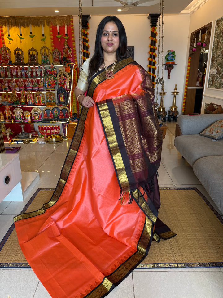 Kanakambaram with Brown  Vairaoosi Zari Lines in the body traditional borders and rich pallu korvai silk cotton saree