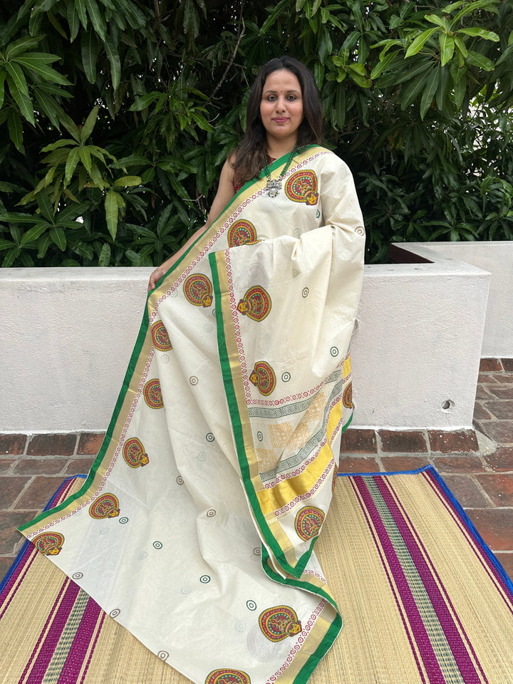 Handblock Printed Kerala Cotton Saree with Kathakali Motif and Green Piping in Borders