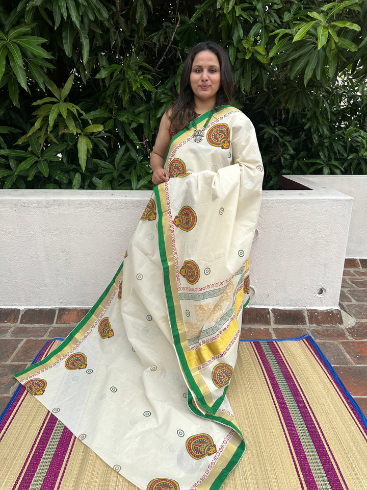 Handblock Printed Kerala Cotton Saree with Kathakali Motif and Green Piping in Borders