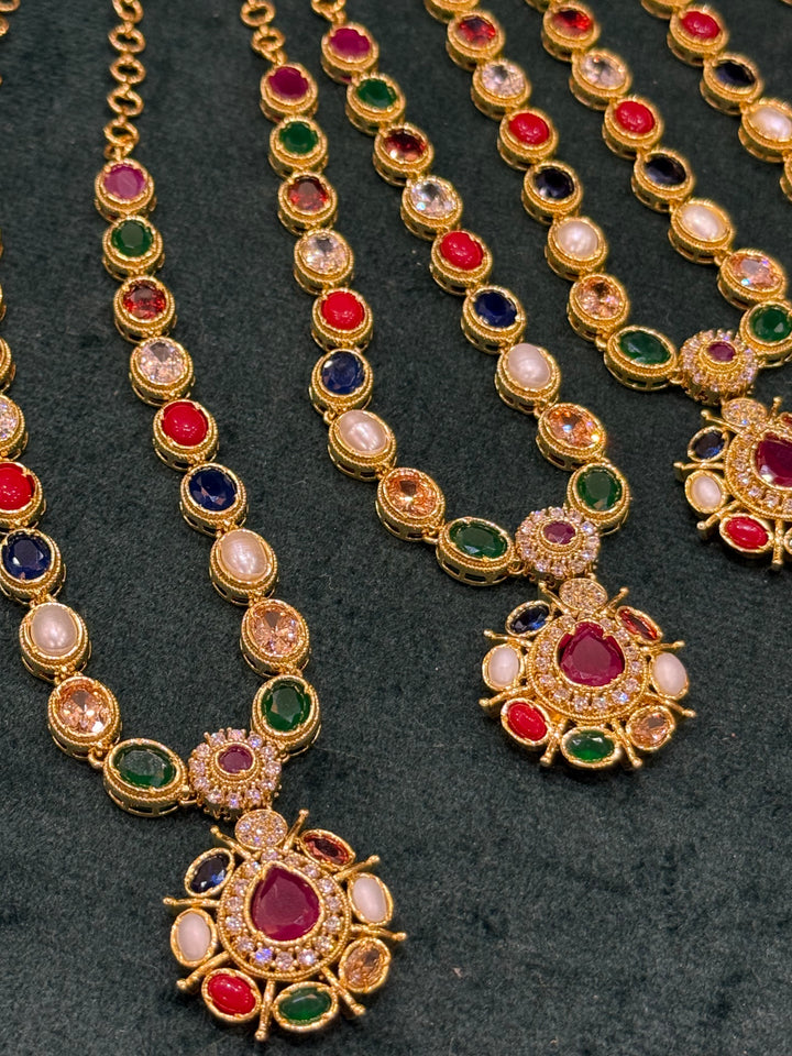 Timeless vintage Navaratna Short necklace with classic stud earrings