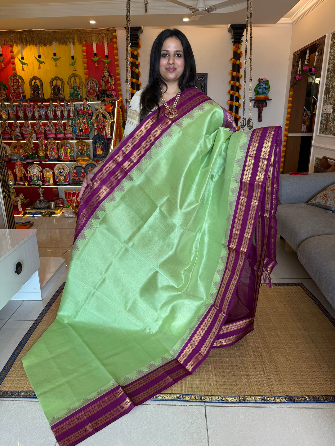 Pastel Green with Purple , rettapet temple border and rich Pallu Korvai Silk Cotton Saree