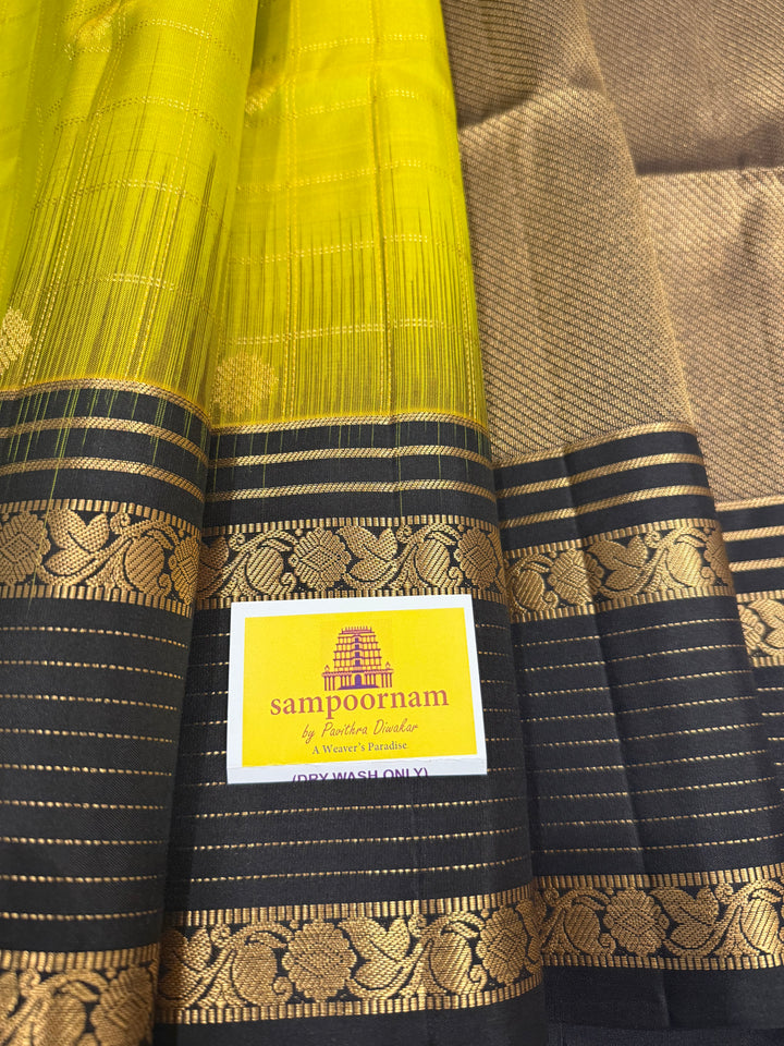 Olive Green with Black Zari Checks in the Body with Rettapet Border and Grand Pallu Pure Soft Silk Saree