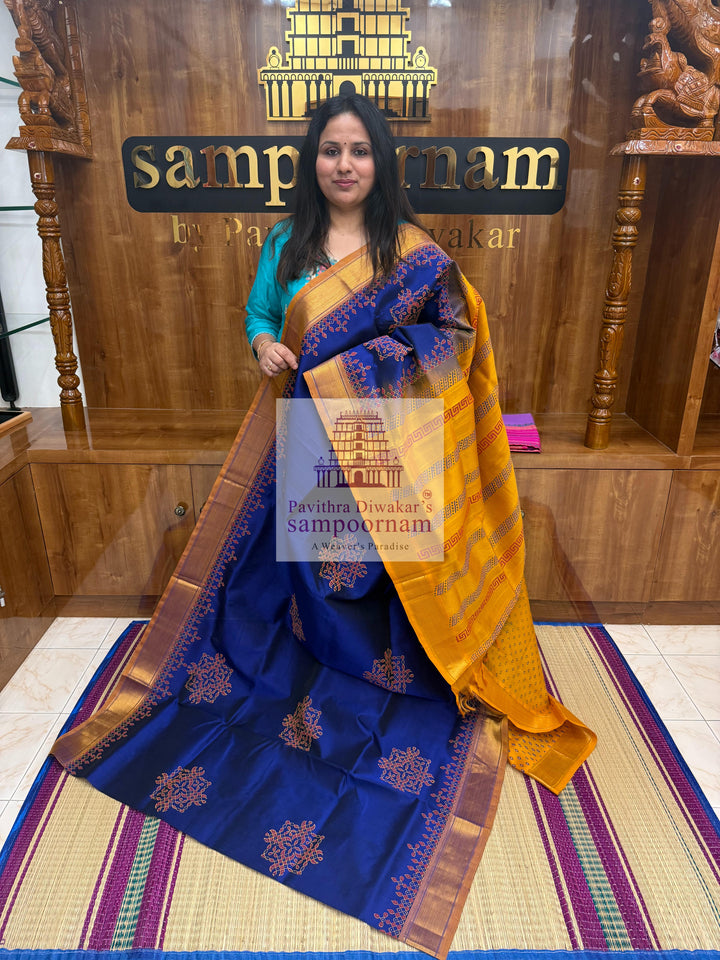 MS Blue with Mustard  , Kolam Handblock printed Sillk Cotton Saree