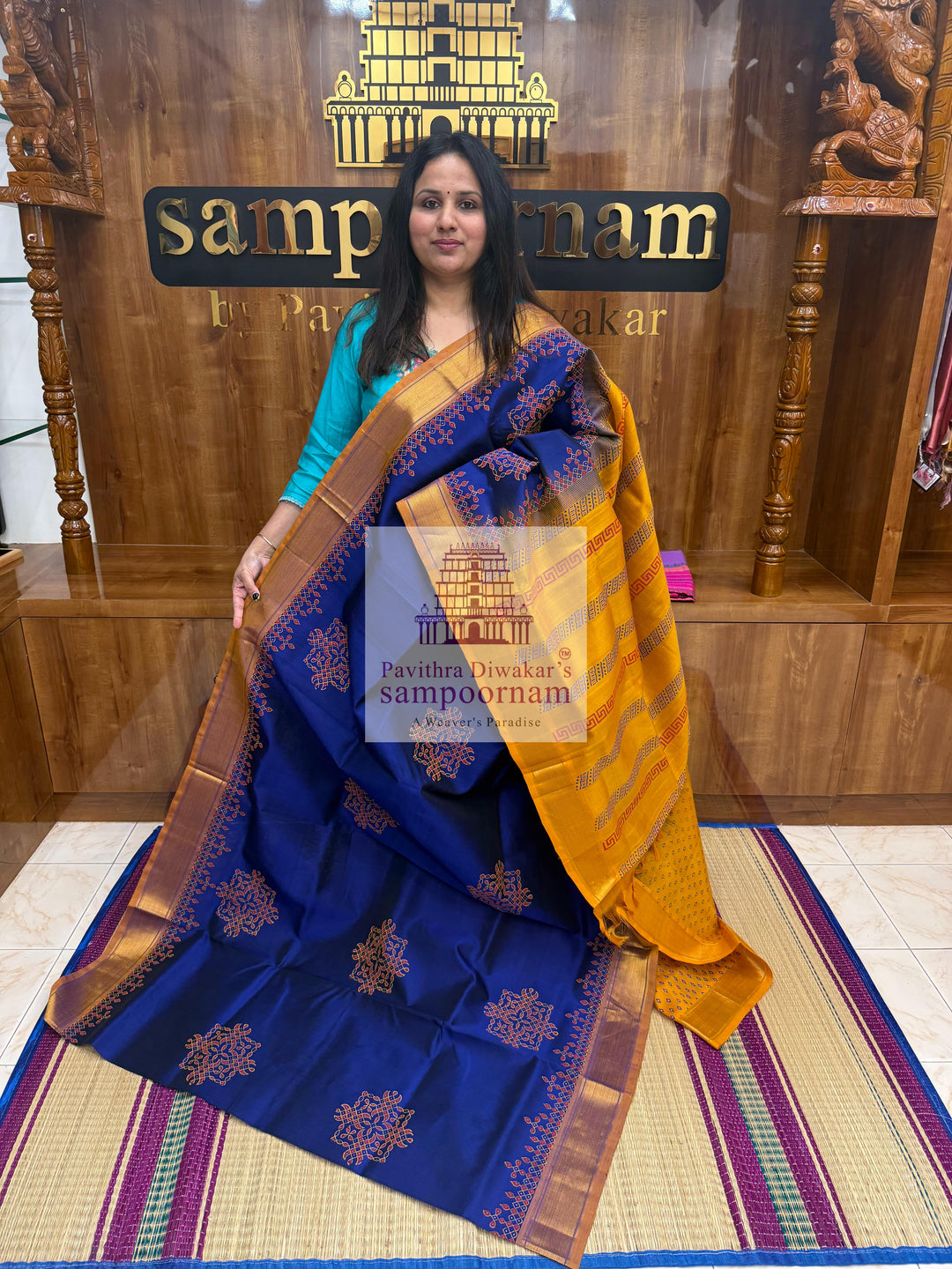 MS Blue with Mustard  , Kolam Handblock printed Sillk Cotton Saree