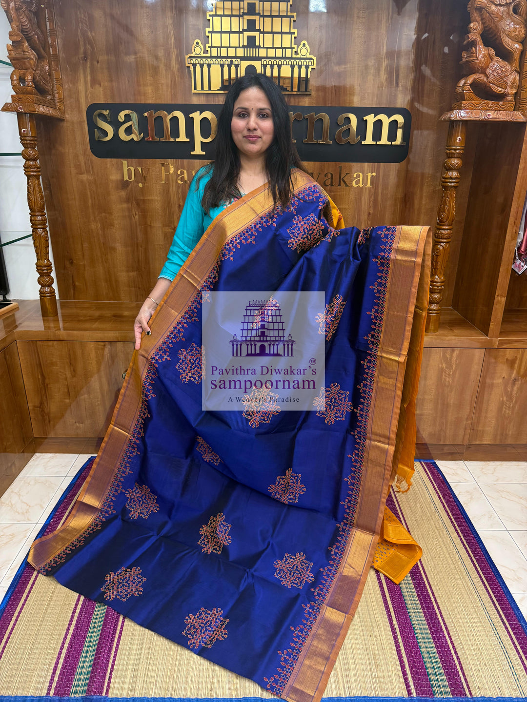 MS Blue with Mustard  , Kolam Handblock printed Sillk Cotton Saree