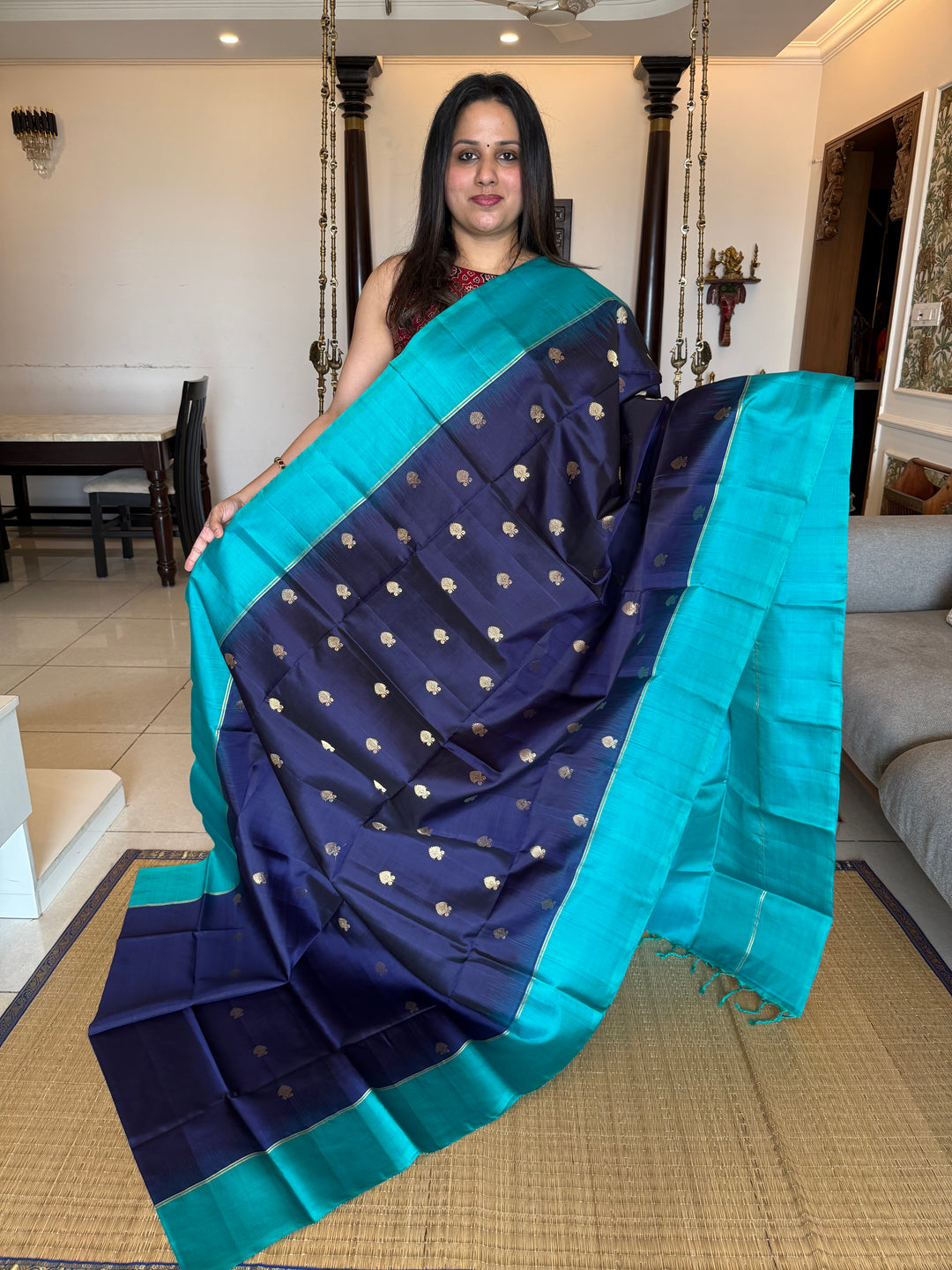 Dark Blue with Light Blue, Zari Rich Floral Motifs in the Body, Rich Pallu Pure Soft Silk Saree