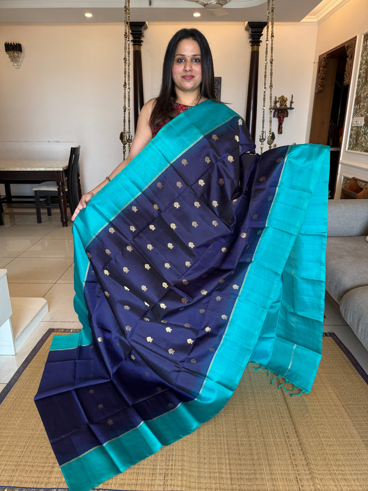 Dark Blue with Light Blue, Zari Rich Floral Motifs in the Body, Rich Pallu Pure Soft Silk Saree