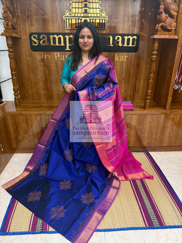 Dark Blue with Pink  , Kolam Handblock printed Sillk Cotton Saree