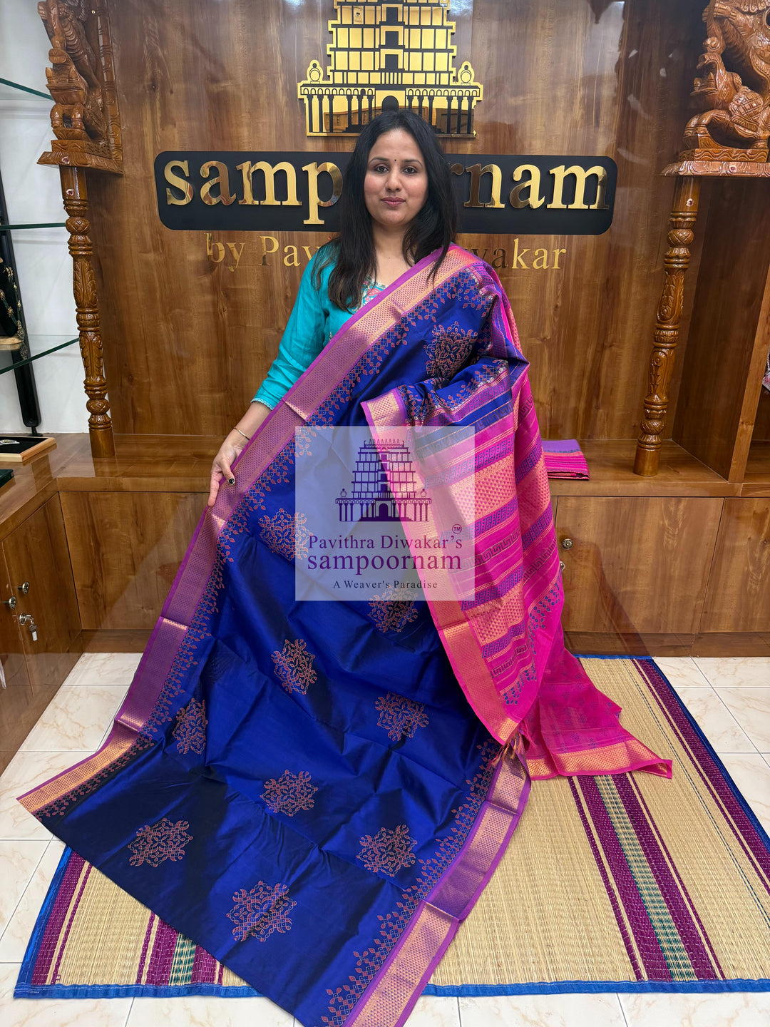 Dark Blue with Pink  , Kolam Handblock printed Sillk Cotton Saree