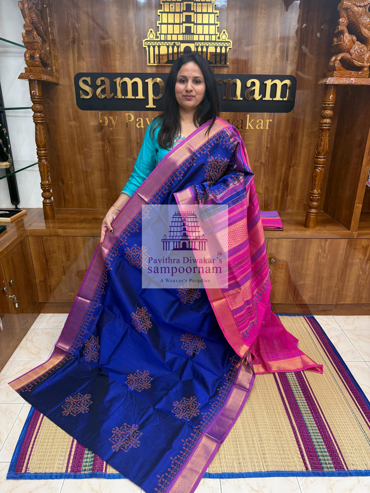 Dark Blue with Pink  , Kolam Handblock printed Sillk Cotton Saree