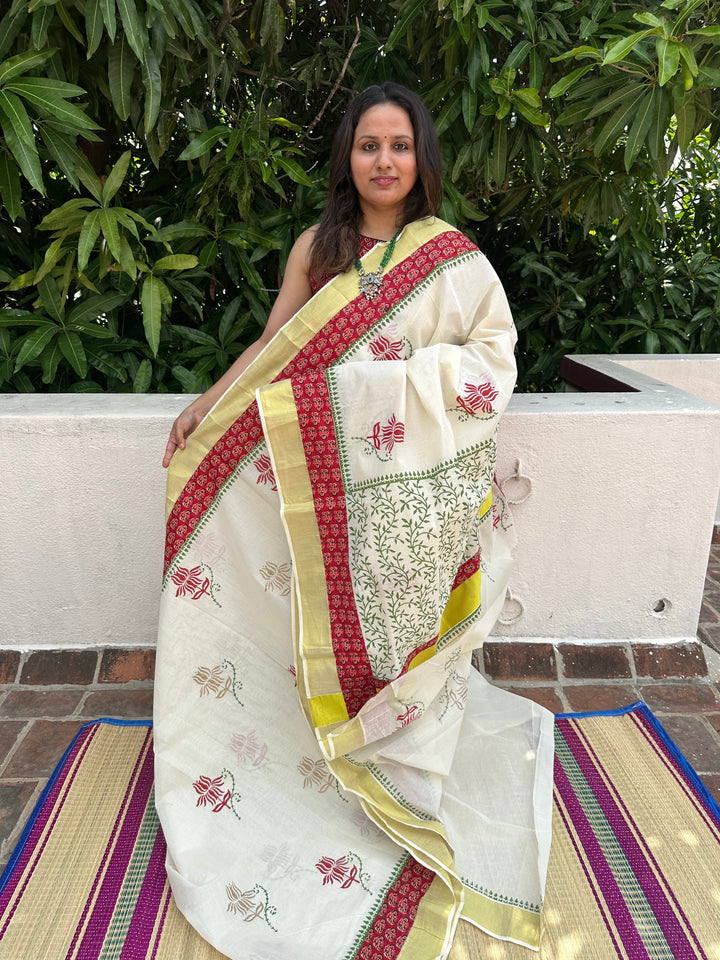 Kerala Pure Cotton Saree wih Red Ajrakh Border & Lotus Motifs - with Ajrakh Blouse