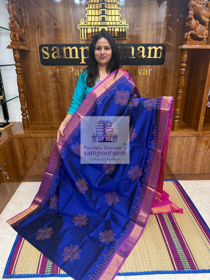 Dark Blue with Pink  , Kolam Handblock printed Sillk Cotton Saree