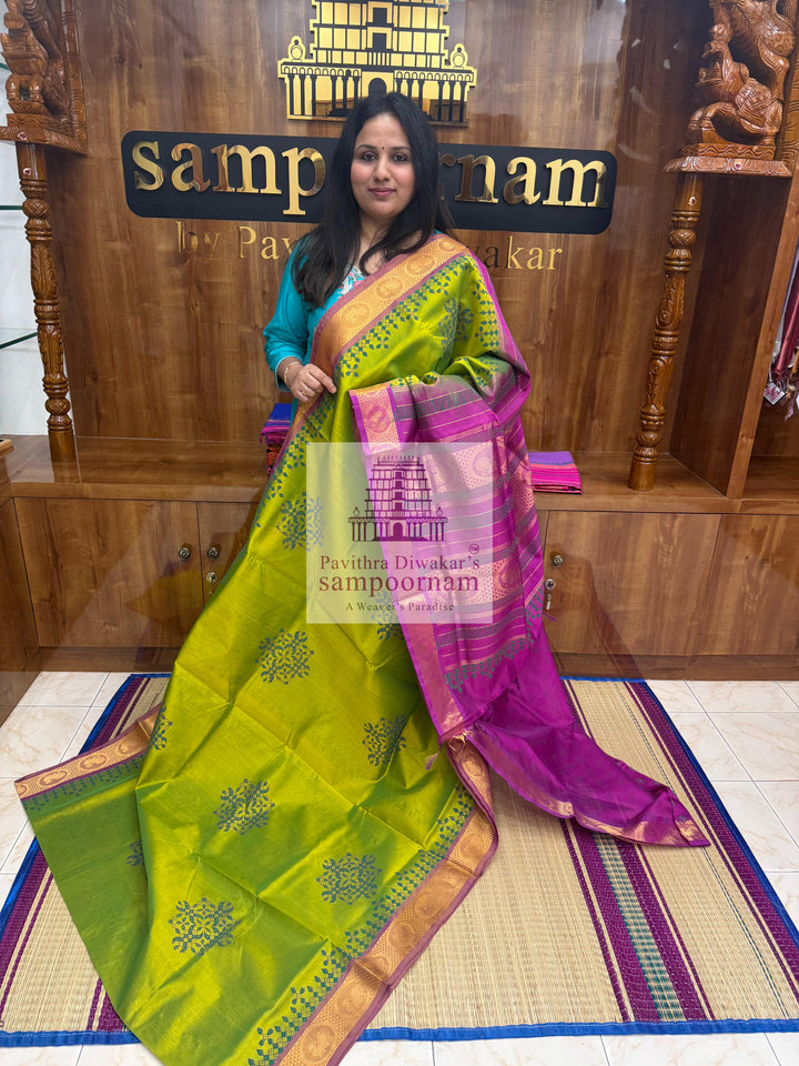 Parrot Green with Purple  , Kolam Handblock printed Sillk Cotton Saree