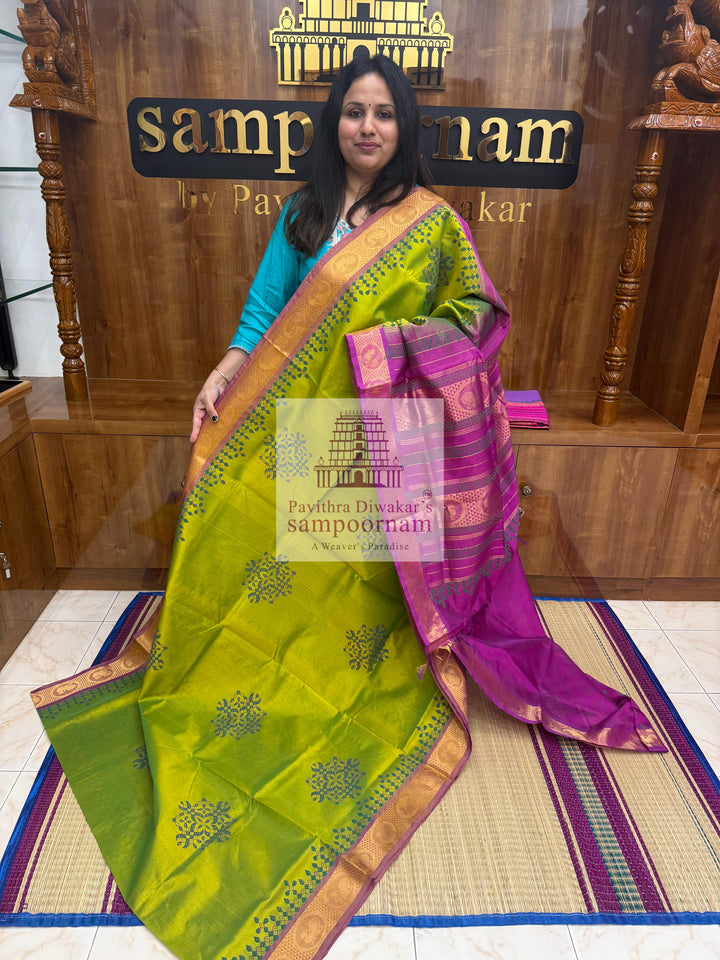 Parrot Green with Purple  , Kolam Handblock printed Sillk Cotton Saree