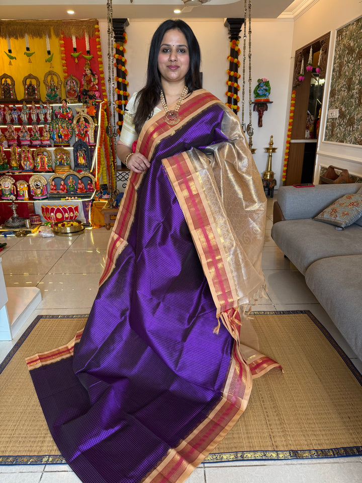 Purple with Biscuit colour , body kattam , traditional borders and rich Pallu Korvai Silk Cotton Saree