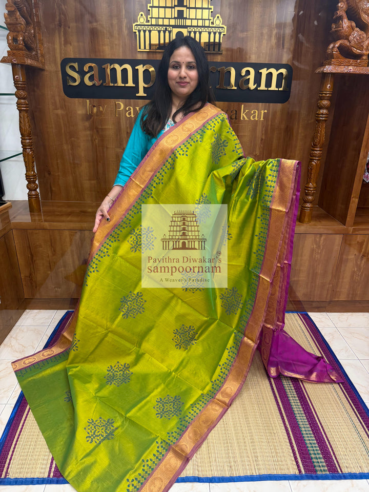 Parrot Green with Purple  , Kolam Handblock printed Sillk Cotton Saree