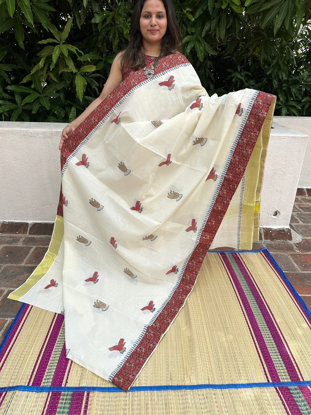 Kerala Pure Cotton Saree wih Red Ajrakh Border & Dance Hand Mudra Motifs - with Ajrakh Blouse