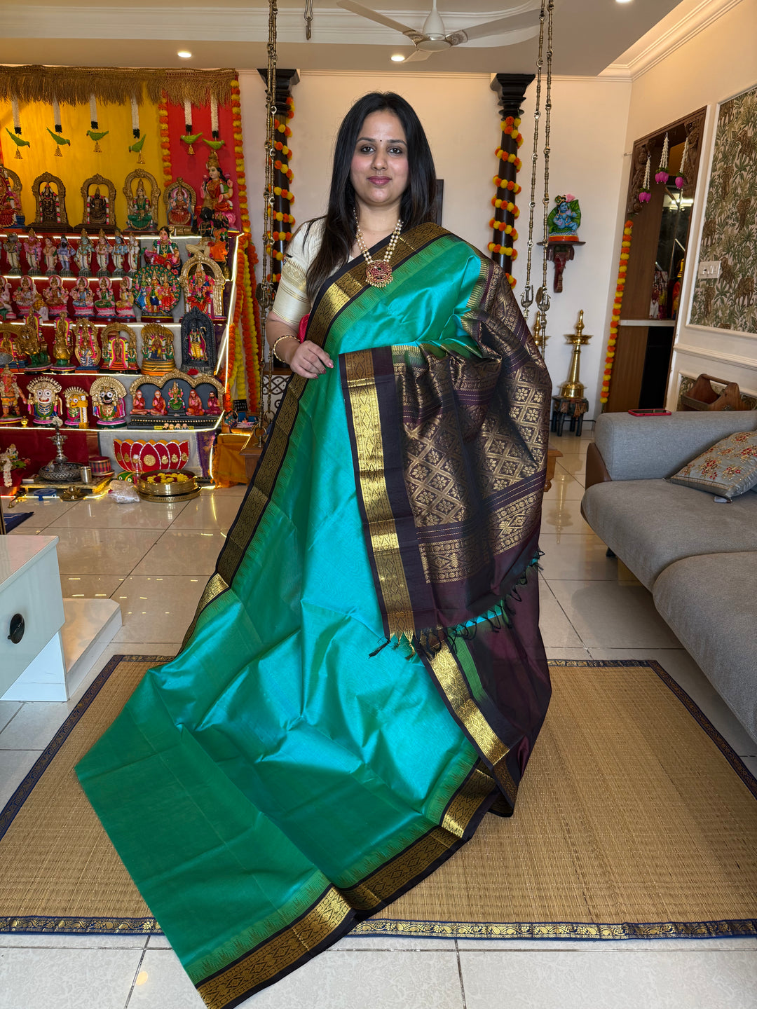 Blue with Brown Temple traditional borders and Rich pallu korvai silk cotton saree