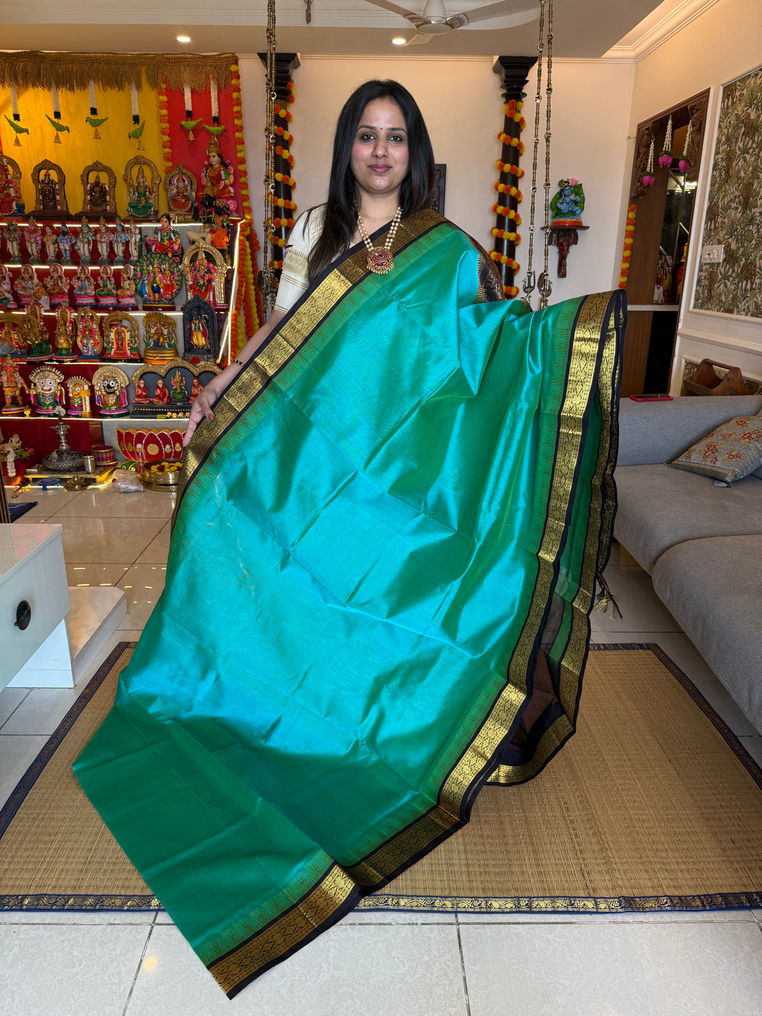 Blue with Brown Temple traditional borders and Rich pallu korvai silk cotton saree