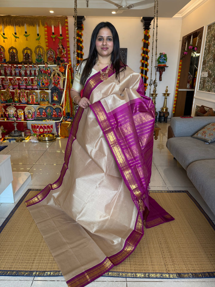 Beige with Magenta Traditional Borders and Rich Pallu , Korvai Silk Cotton Saree