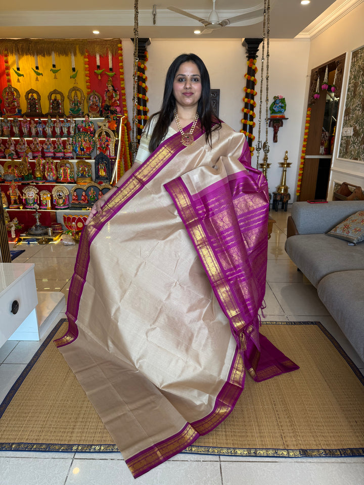 Beige with Magenta Traditional Borders and Rich Pallu , Korvai Silk Cotton Saree